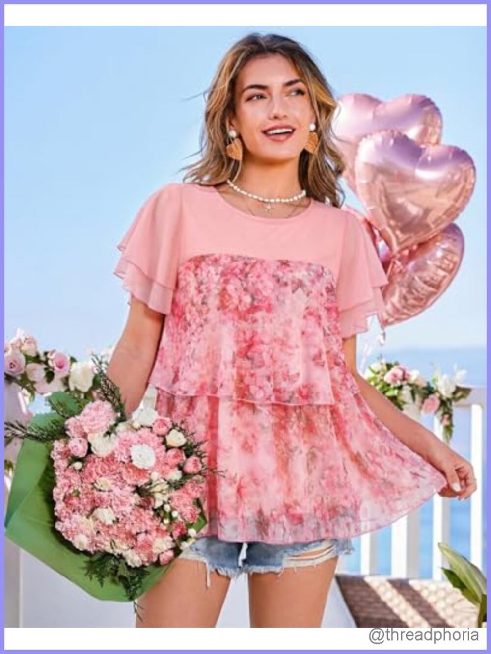 Women's Short Sleeve Tunic Blouse Double Layer Mesh Flowy Babydoll Top - Picture 2 of 6
